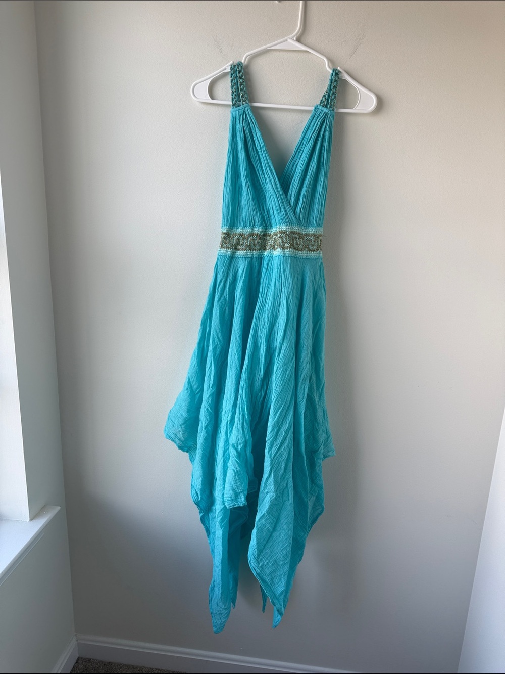 Made in Greece! Turquoise Handkerchief Hem Sundress with Embellished Waist